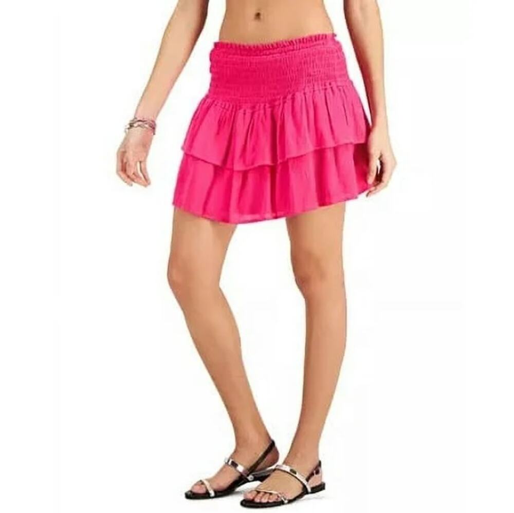 Miken Women Pink Rayon Smocked Ruffled Tiered Swim Cover-Up Mini Skirt Size L